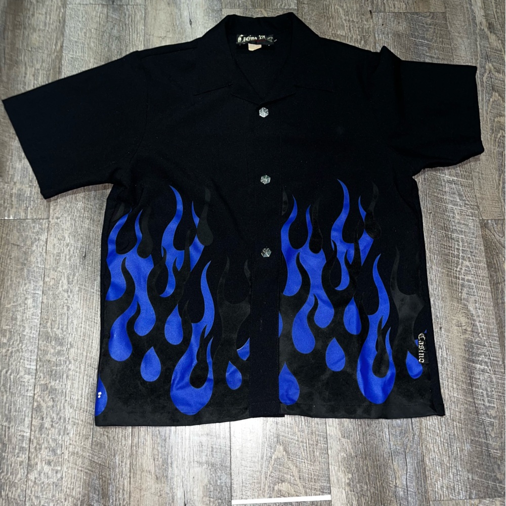 Vintage Casino Wear Men's Shirt Flames‎ & Dice Made In USA Los Angeles Sz L  Y2K